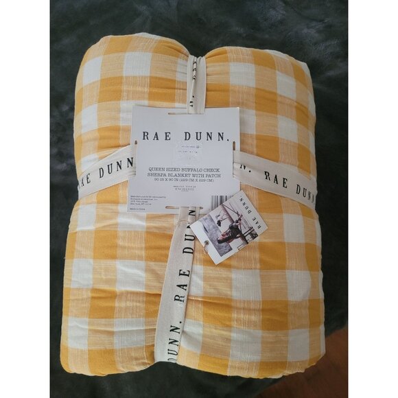 Rae Dunn Other - NEW Rae Dunn Yellow Buffalo Check Sherpa Blanket FAMILY 90x90 Spread Cozy